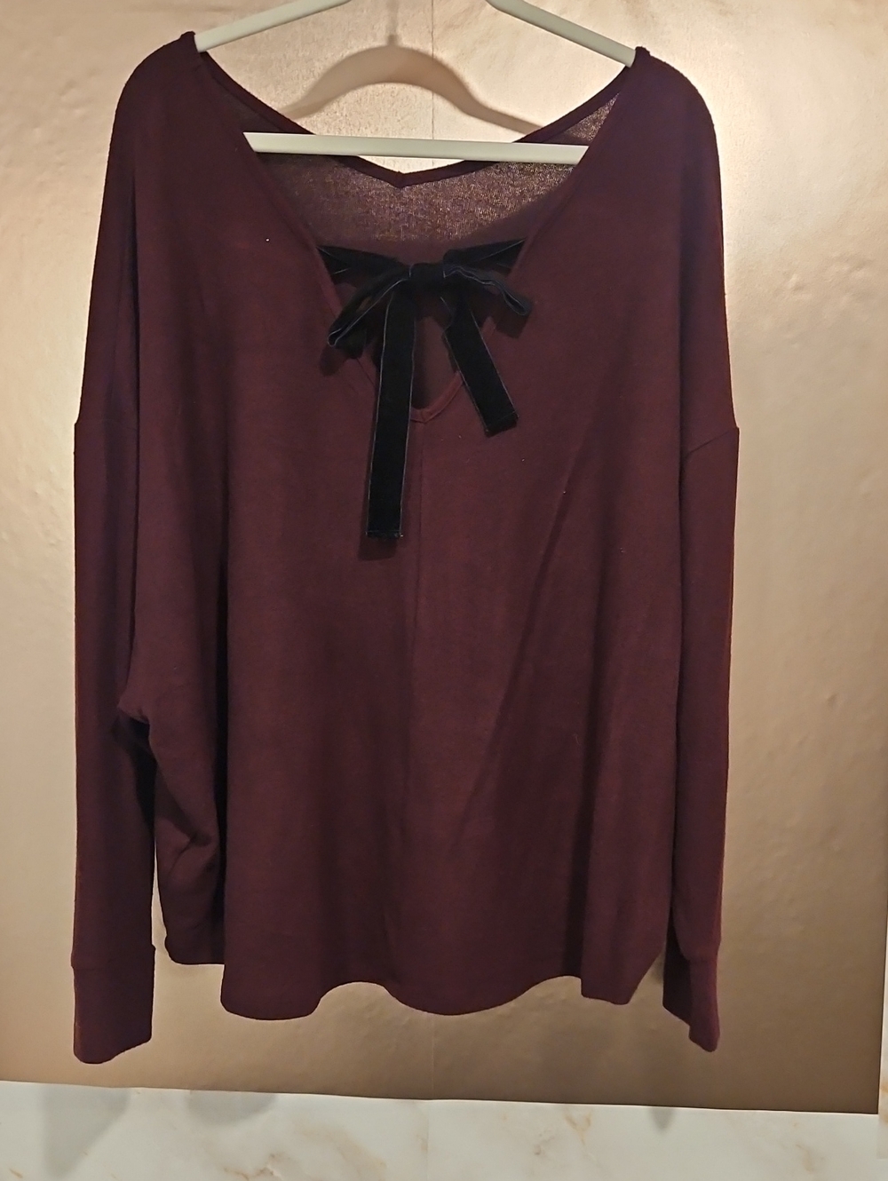 Maurices Plum V-Neck Top with Black Bow Accent